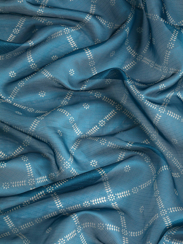 Turquoise Kanjeevaram Silk Digital Print Geomatric Saree with Unstitched Blouse - Hiral Fashion