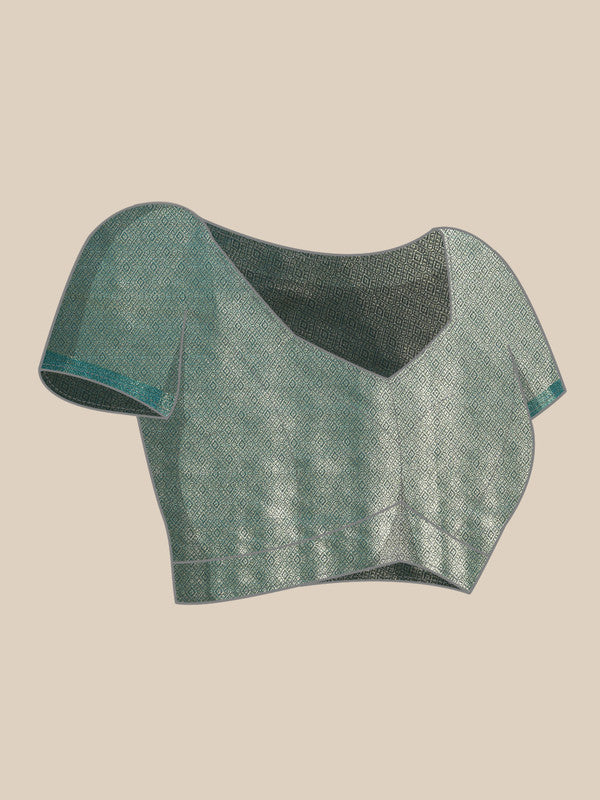 Turquoise Kanjeevaram Silk Digital Print Geomatric Saree with Unstitched Blouse - Hiral Fashion