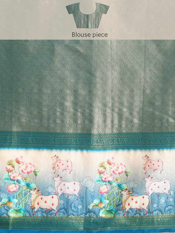Turquoise Kanjeevaram Silk Digital Print Geomatric Saree with Unstitched Blouse - Hiral Fashion