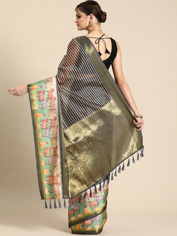 Gray Kanjeevaram Silk Digital Print Striped Saree with Unstitched Blouse - Hiral Fashion