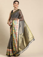 Gray Kanjeevaram Silk Digital Print Striped Saree with Unstitched Blouse - Hiral Fashion