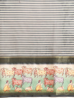 Gray Kanjeevaram Silk Digital Print Striped Saree with Unstitched Blouse - Hiral Fashion