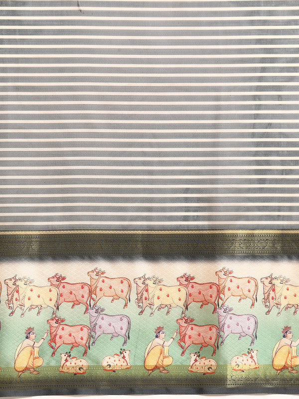 Gray Kanjeevaram Silk Digital Print Striped Saree with Unstitched Blouse - Hiral Fashion