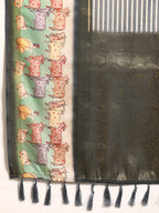 Gray Kanjeevaram Silk Digital Print Striped Saree with Unstitched Blouse - Hiral Fashion