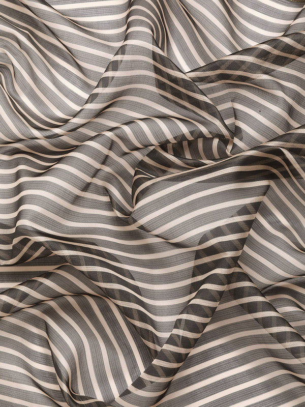 Gray Kanjeevaram Silk Digital Print Striped Saree with Unstitched Blouse - Hiral Fashion