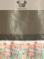 Gray Kanjeevaram Silk Digital Print Striped Saree with Unstitched Blouse - Hiral Fashion
