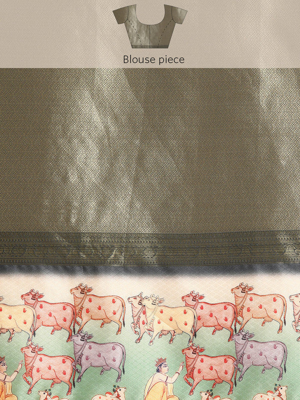 Gray Kanjeevaram Silk Digital Print Striped Saree with Unstitched Blouse - Hiral Fashion