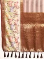 Maroon Kanjeevaram Silk Digital Print Striped Saree with Unstitched Blouse - Hiral Fashion