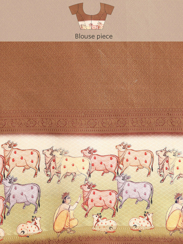 Maroon Kanjeevaram Silk Digital Print Striped Saree with Unstitched Blouse - Hiral Fashion