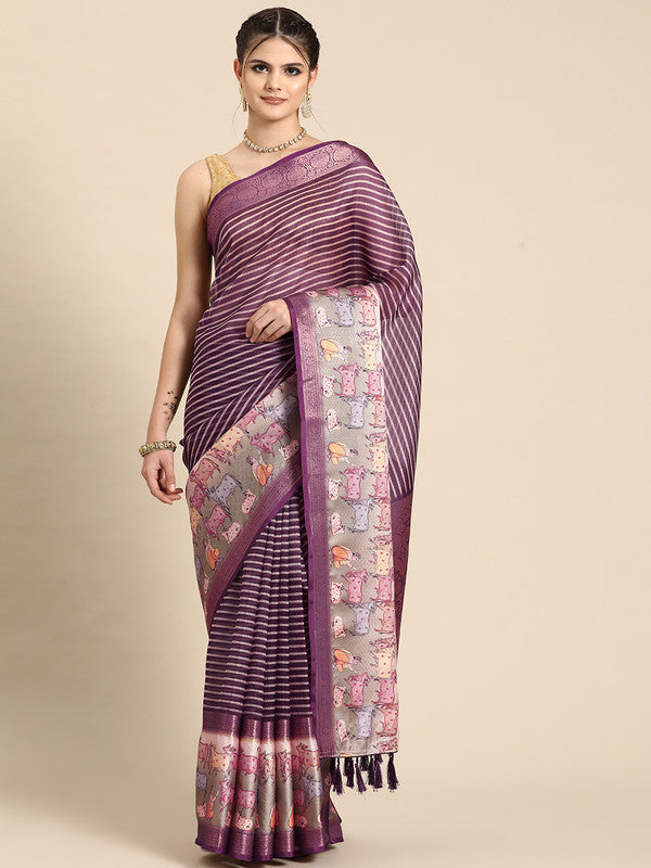 Purple Kanjeevaram Silk Digital Print Striped Saree with Unstitched Blouse - Hiral Fashion