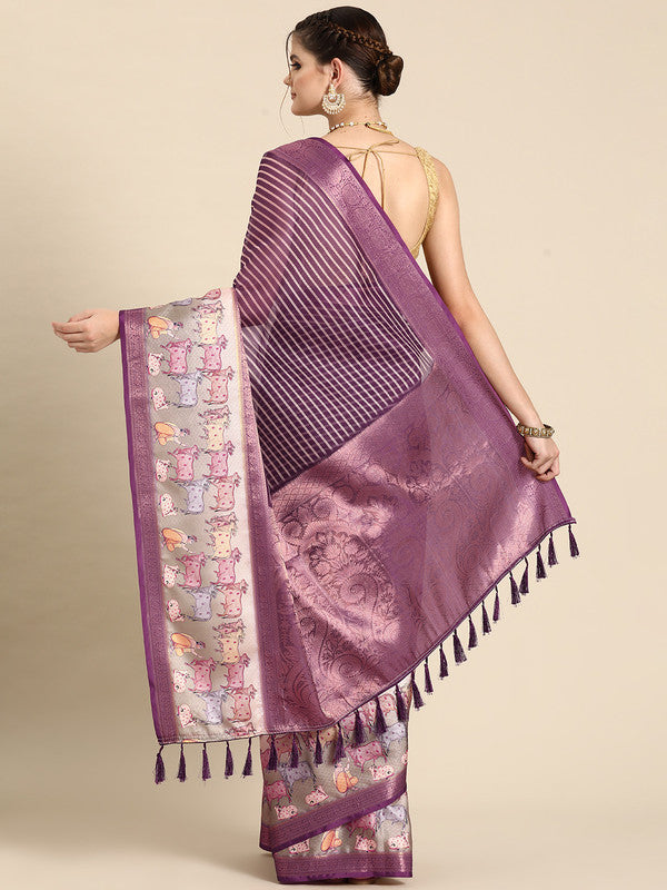 Purple Kanjeevaram Silk Digital Print Striped Saree with Unstitched Blouse - Hiral Fashion