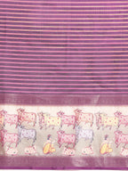 Purple Kanjeevaram Silk Digital Print Striped Saree with Unstitched Blouse - Hiral Fashion
