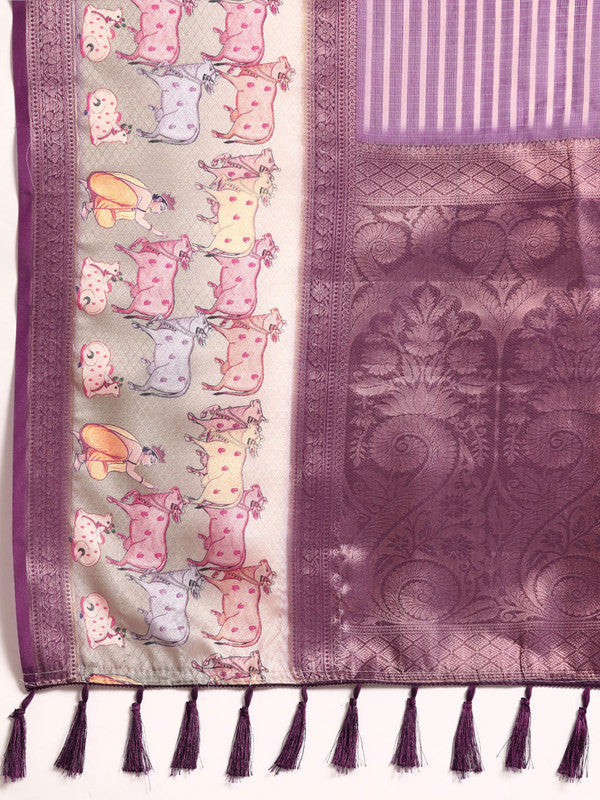 Purple Kanjeevaram Silk Digital Print Striped Saree with Unstitched Blouse - Hiral Fashion