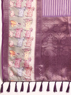 Purple Kanjeevaram Silk Digital Print Striped Saree with Unstitched Blouse - Hiral Fashion