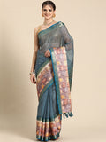 Turquoise Kanjeevaram Silk Digital Print Striped Saree with Unstitched Blouse - Hiral Fashion