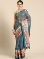 Turquoise Kanjeevaram Silk Digital Print Striped Saree with Unstitched Blouse - Hiral Fashion