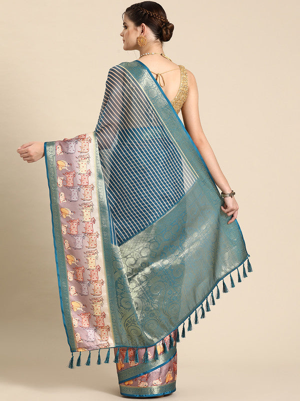 Turquoise Kanjeevaram Silk Digital Print Striped Saree with Unstitched Blouse - Hiral Fashion