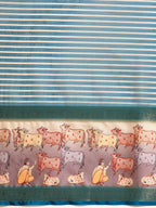 Turquoise Kanjeevaram Silk Digital Print Striped Saree with Unstitched Blouse - Hiral Fashion
