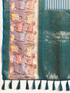 Turquoise Kanjeevaram Silk Digital Print Striped Saree with Unstitched Blouse - Hiral Fashion