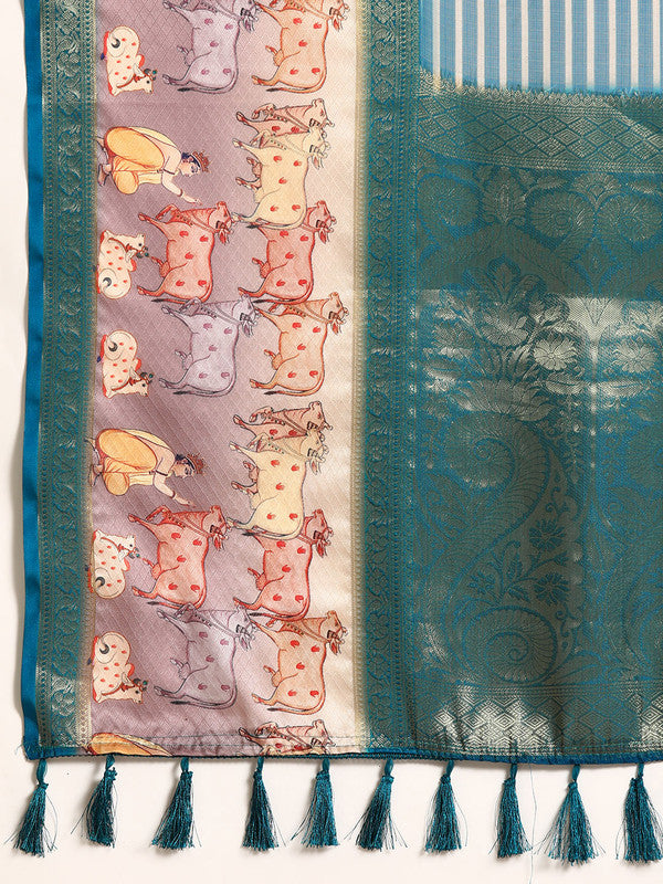 Turquoise Kanjeevaram Silk Digital Print Striped Saree with Unstitched Blouse - Hiral Fashion