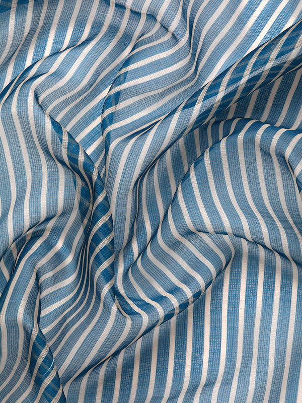 Turquoise Kanjeevaram Silk Digital Print Striped Saree with Unstitched Blouse - Hiral Fashion