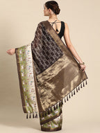 Brown Kanjeevaram Silk Digital Print Geomatric Saree with Unstitched Blouse - Hiral Fashion