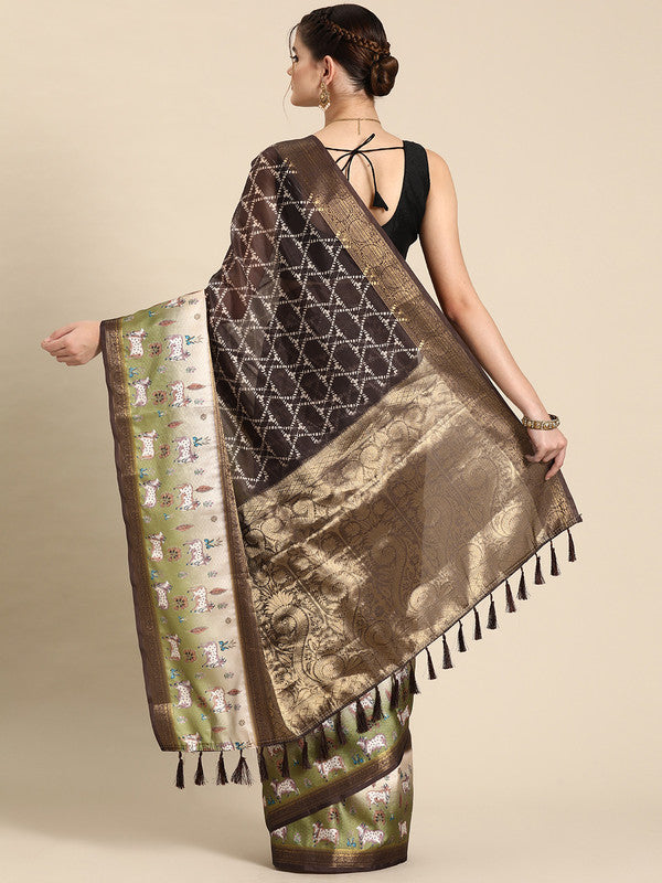 Brown Kanjeevaram Silk Digital Print Geomatric Saree with Unstitched Blouse - Hiral Fashion