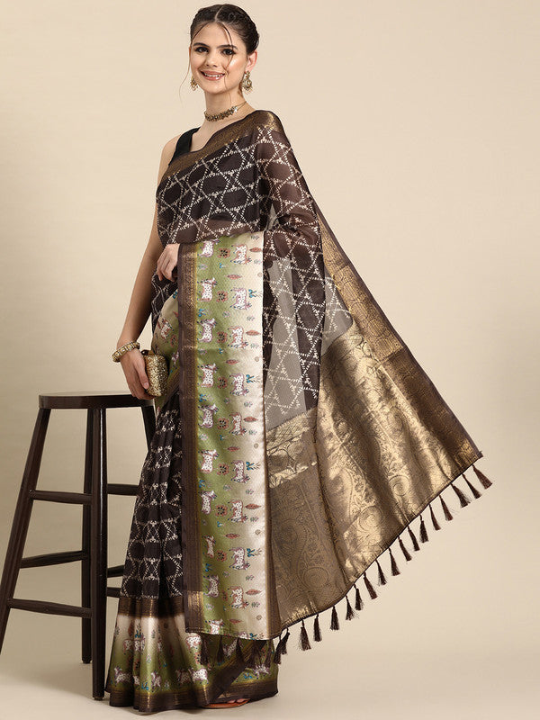 Brown Kanjeevaram Silk Digital Print Geomatric Saree with Unstitched Blouse - Hiral Fashion
