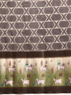 Brown Kanjeevaram Silk Digital Print Geomatric Saree with Unstitched Blouse - Hiral Fashion