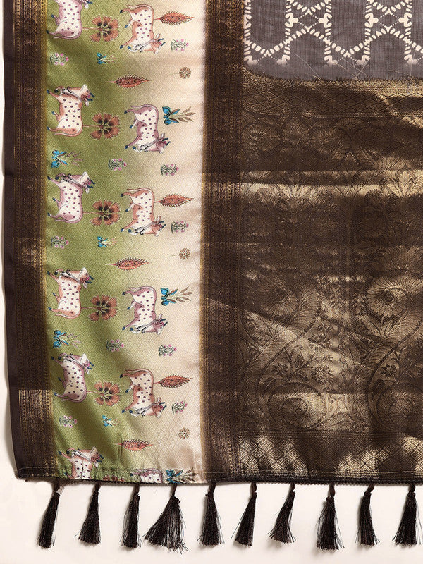 Brown Kanjeevaram Silk Digital Print Geomatric Saree with Unstitched Blouse - Hiral Fashion