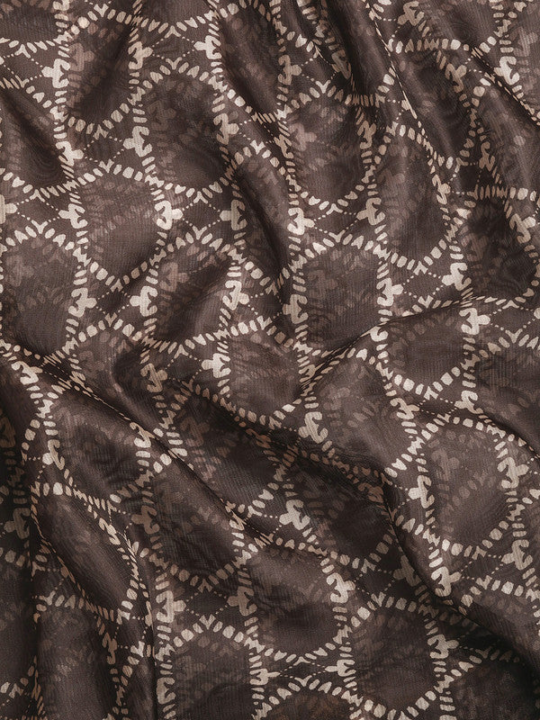 Brown Kanjeevaram Silk Digital Print Geomatric Saree with Unstitched Blouse - Hiral Fashion