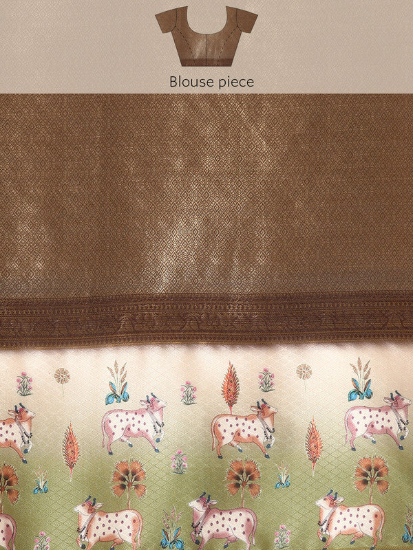 Brown Kanjeevaram Silk Digital Print Geomatric Saree with Unstitched Blouse - Hiral Fashion