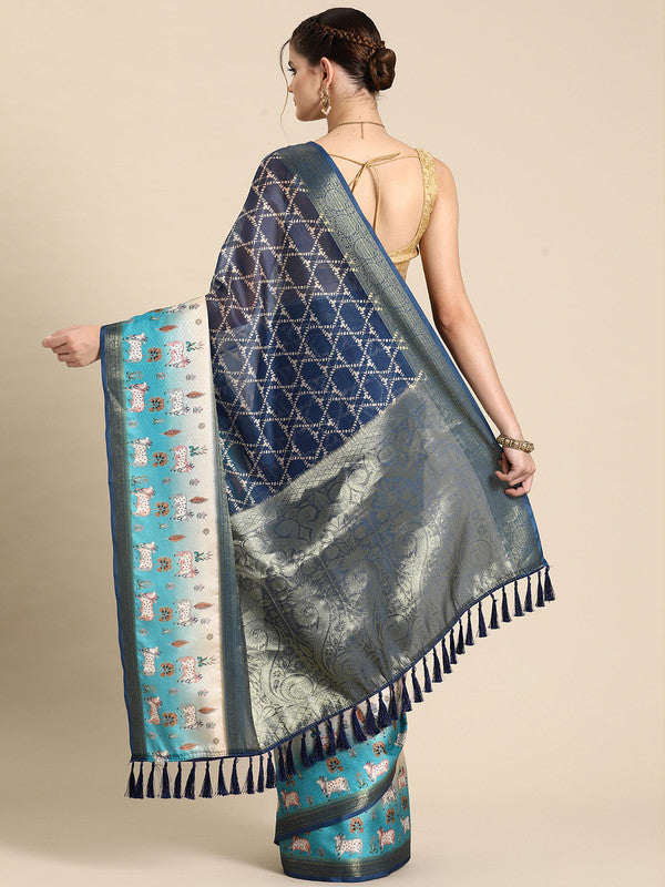 Blue Kanjeevaram Silk Digital Print Geomatric Saree with Unstitched Blouse - Hiral Fashion