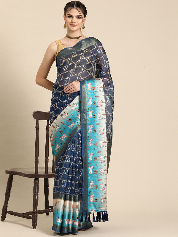 Blue Kanjeevaram Silk Digital Print Geomatric Saree with Unstitched Blouse - Hiral Fashion