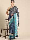 Blue Kanjeevaram Silk Digital Print Geomatric Saree with Unstitched Blouse - Hiral Fashion
