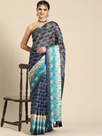 Blue Kanjeevaram Silk Digital Print Geomatric Saree with Unstitched Blouse - Hiral Fashion