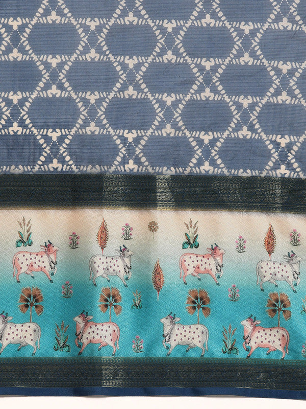 Blue Kanjeevaram Silk Digital Print Geomatric Saree with Unstitched Blouse - Hiral Fashion