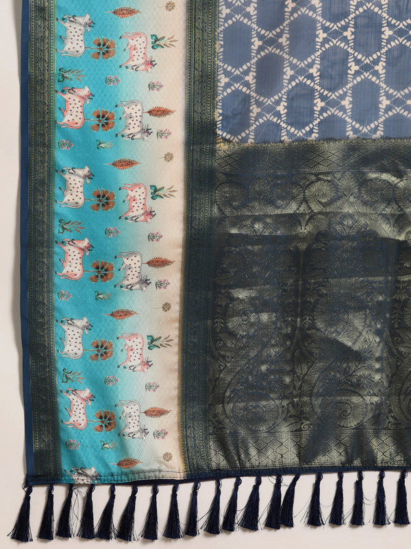 Blue Kanjeevaram Silk Digital Print Geomatric Saree with Unstitched Blouse - Hiral Fashion