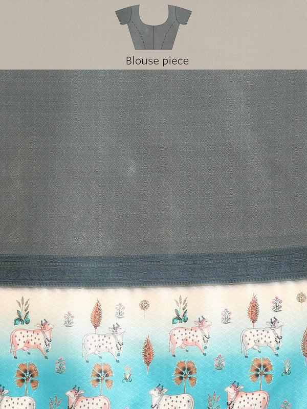 Blue Kanjeevaram Silk Digital Print Geomatric Saree with Unstitched Blouse - Hiral Fashion