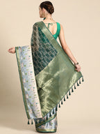 Green Kanjeevaram Silk Digital Print Geomatric Saree with Unstitched Blouse - Hiral Fashion
