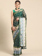 Green Kanjeevaram Silk Digital Print Geomatric Saree with Unstitched Blouse - Hiral Fashion
