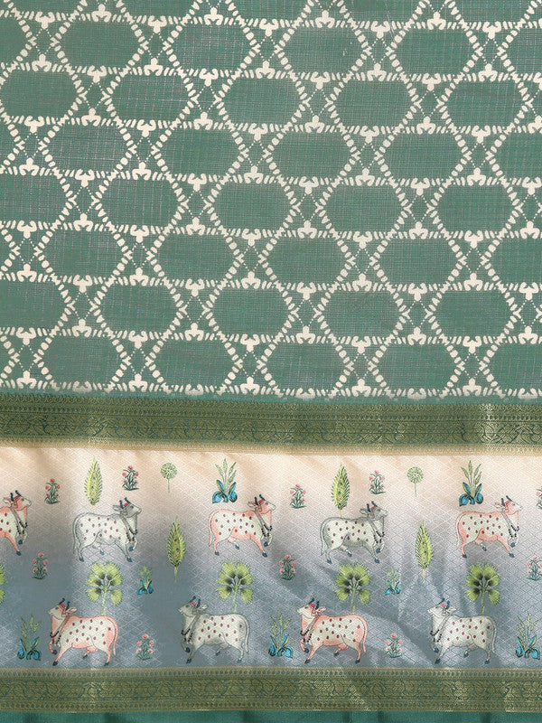 Green Kanjeevaram Silk Digital Print Geomatric Saree with Unstitched Blouse - Hiral Fashion