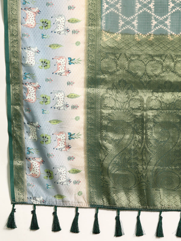 Green Kanjeevaram Silk Digital Print Geomatric Saree with Unstitched Blouse - Hiral Fashion