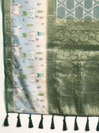 Green Kanjeevaram Silk Digital Print Geomatric Saree with Unstitched Blouse - Hiral Fashion