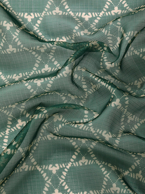 Green Kanjeevaram Silk Digital Print Geomatric Saree with Unstitched Blouse - Hiral Fashion