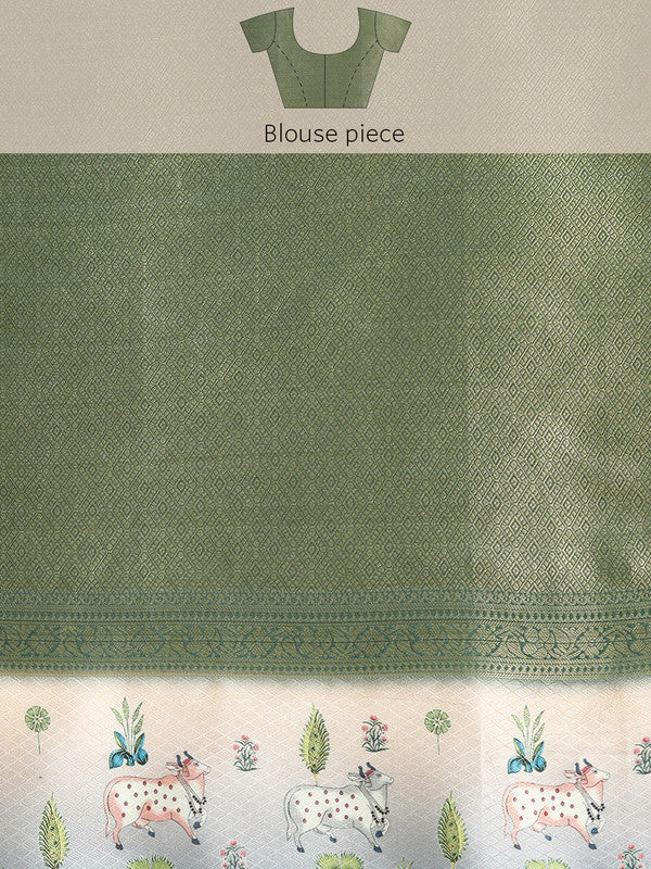 Green Kanjeevaram Silk Digital Print Geomatric Saree with Unstitched Blouse - Hiral Fashion