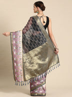 Gray Kanjeevaram Silk Digital Print Geomatric Saree with Unstitched Blouse - Hiral Fashion