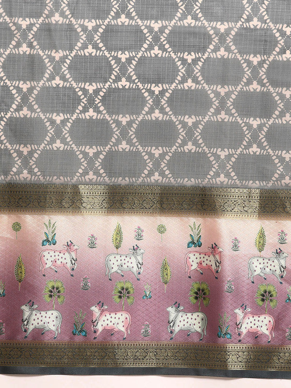 Gray Kanjeevaram Silk Digital Print Geomatric Saree with Unstitched Blouse - Hiral Fashion