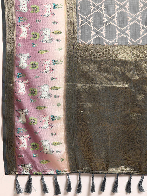 Gray Kanjeevaram Silk Digital Print Geomatric Saree with Unstitched Blouse - Hiral Fashion