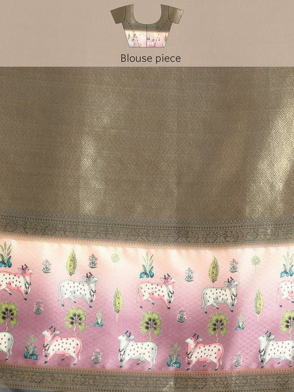 Gray Kanjeevaram Silk Digital Print Geomatric Saree with Unstitched Blouse - Hiral Fashion